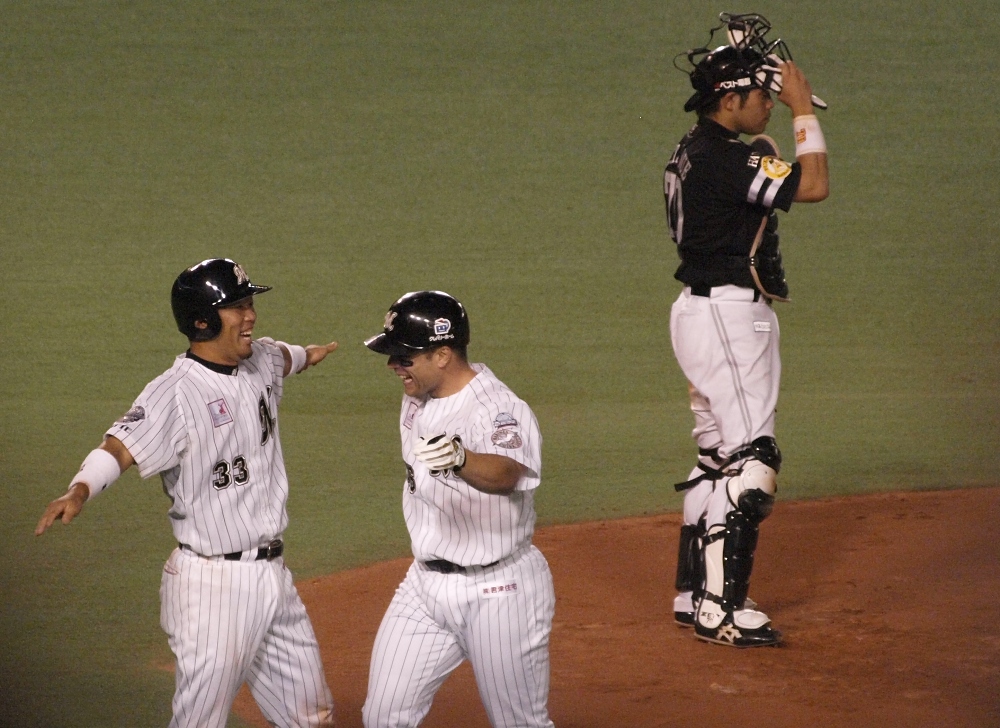 717_burnham2 Hashimoto and Burnham Jr celebrate at the plate